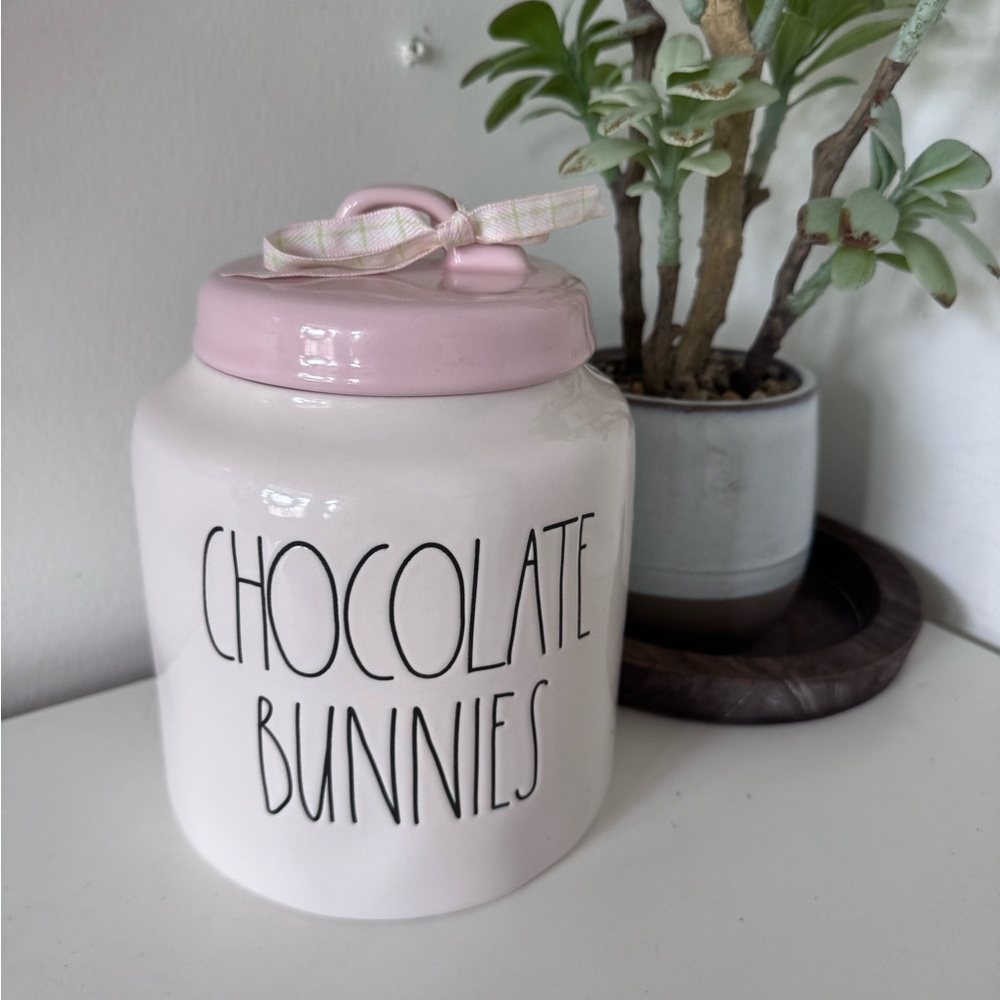 NEW Rae Dunn Chocolate Bunnies Canister 8.5” Tall | Pink Lid - Picture 1 of 6